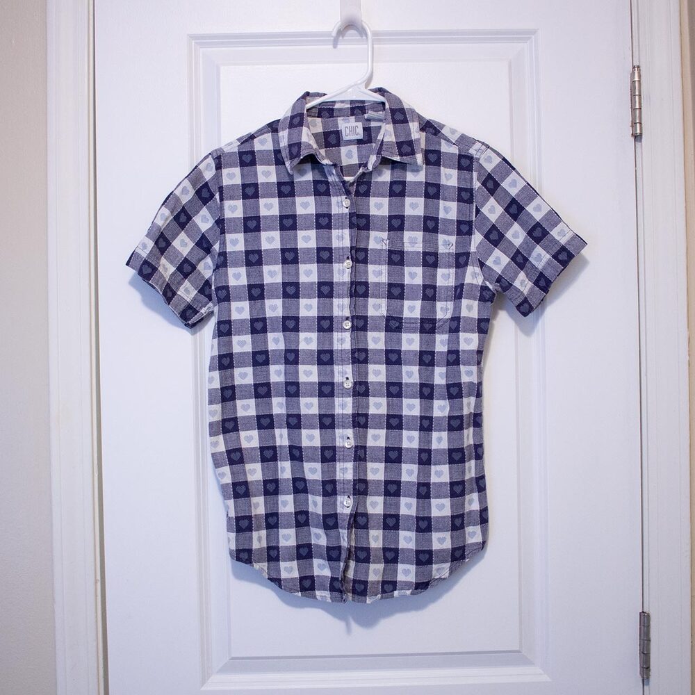 VTG S Farmcore Kawaii Heart Gingham Plaid Navy Cotton Button Short Sleeve Chic